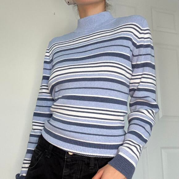 Blue white striped ribbed turtleneck Karen Scott size medium - Picture 3 of 8